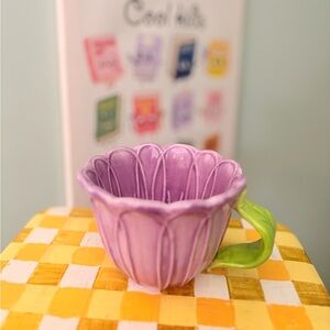 Lang by Designgroup Lavender Tulip Shaped Ceramic Cup with Green Leaf Handle